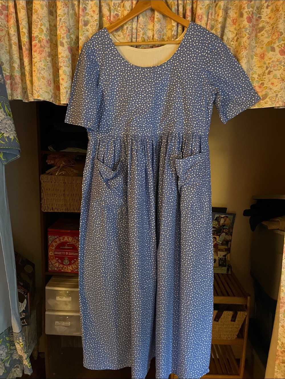 Blue Polka Dot Maxi Dress with Pockets